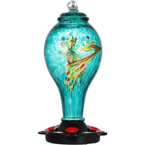Hummingbird Feeder, Hand Blown Glass Hummingbird Feeder, Never Fade, 36 Fluid Ounces, 5 Feeding Metal Stations, Much Bigger, Garden Backyard Decorative, Containing Ant Moat (Blue)