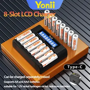 Household battery High Efficiency charger with 8 slots, suitable for 1.2v Ni-MH AA/AAA batteries, equipped with an LCD display to show battery level in real time, and featuring a Type-C interface
