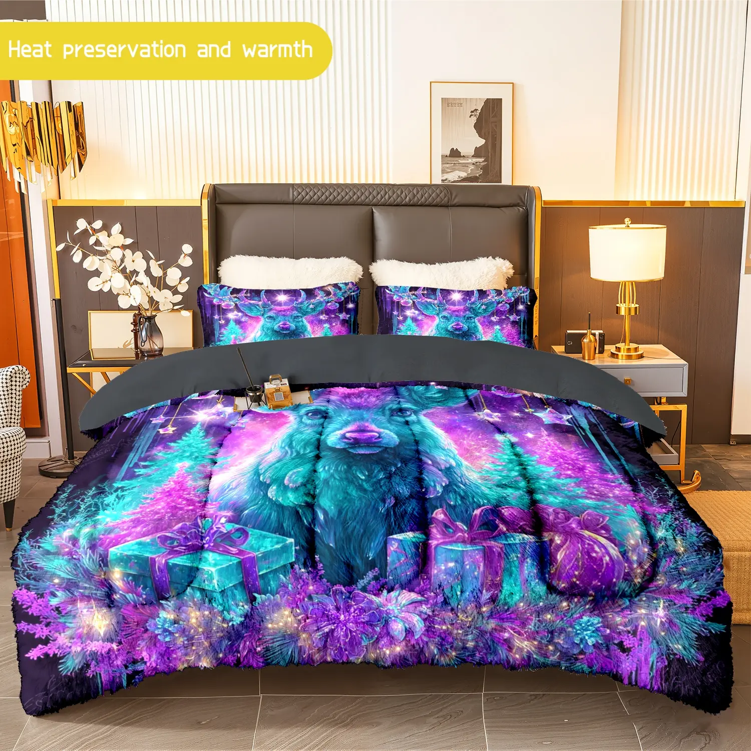 3pcs (1 comforter + 2 pillowcases) Festive Reindeer Design Flannel & Milk Velvet Comforter Set, Soft Warm Bedding for Adults, Cozy & Trendy Bedding Essentials