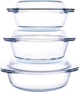 6 Pieces Round Tempered Glass Casserole Dish Set with Lids, Glass Baking Dish Safe for Oven, Freezer and Dishwasher, Available in 1QT+1.5QT+1.8QT
