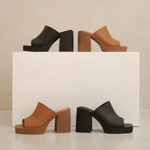 SAKURA; Women’s Leather Platform, Square High Heels, Slip in; Chunky Heels; Mules; Open Toe; Single Band
