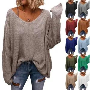 【S-2XL】【Oversized】Imily Bela Curve Women's V Neck Long Sleeve Knit Loose Pullover Sweater Top in Soft Acrylic & Cotton Blend for Casual Wear