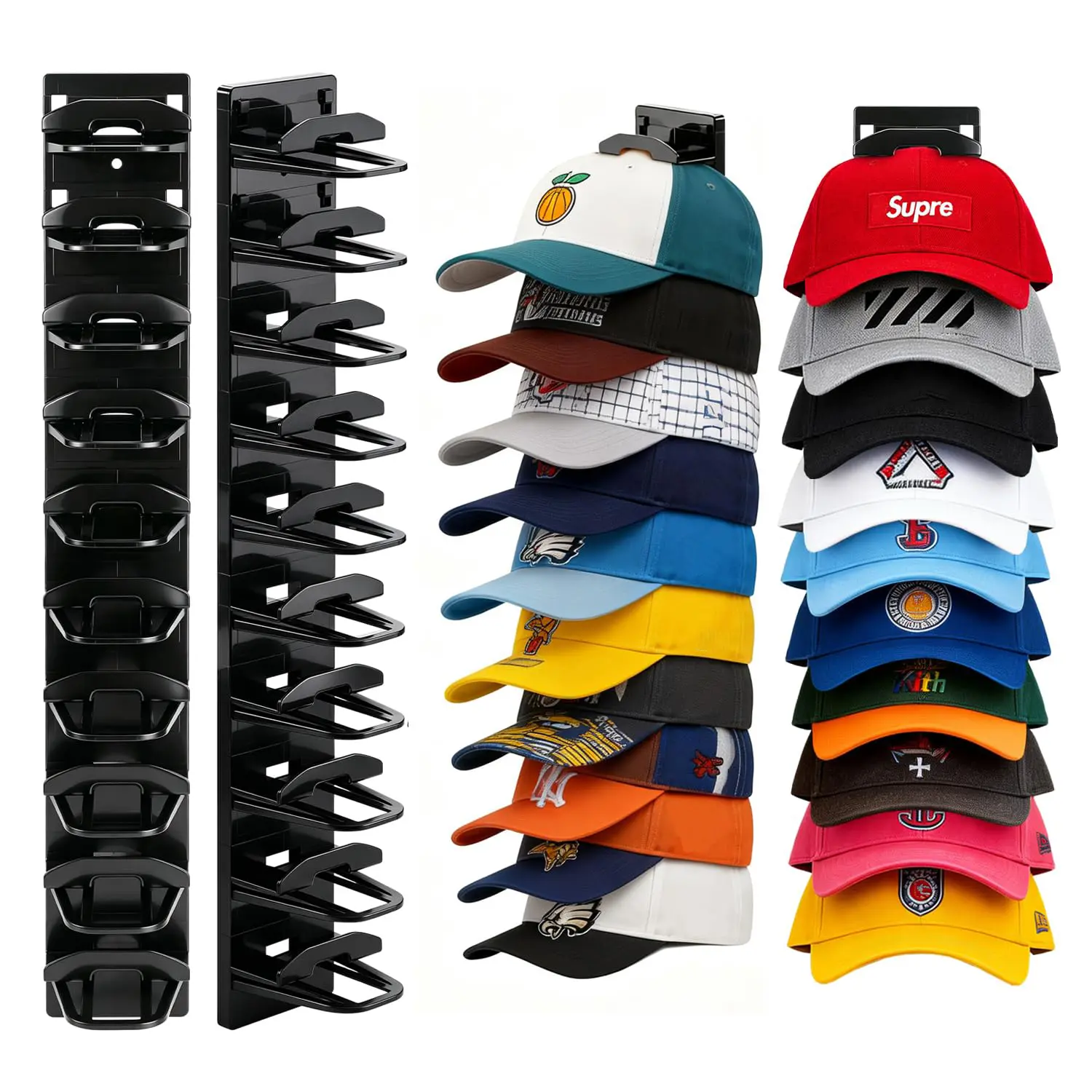2 Pack Baseball Cap Organizer - Wall-Mounted Hat Rack with Strong Adhesive, Multi-Tier Design, 2 Mounting Options, Holds Up to 20 Hats for Door Closets