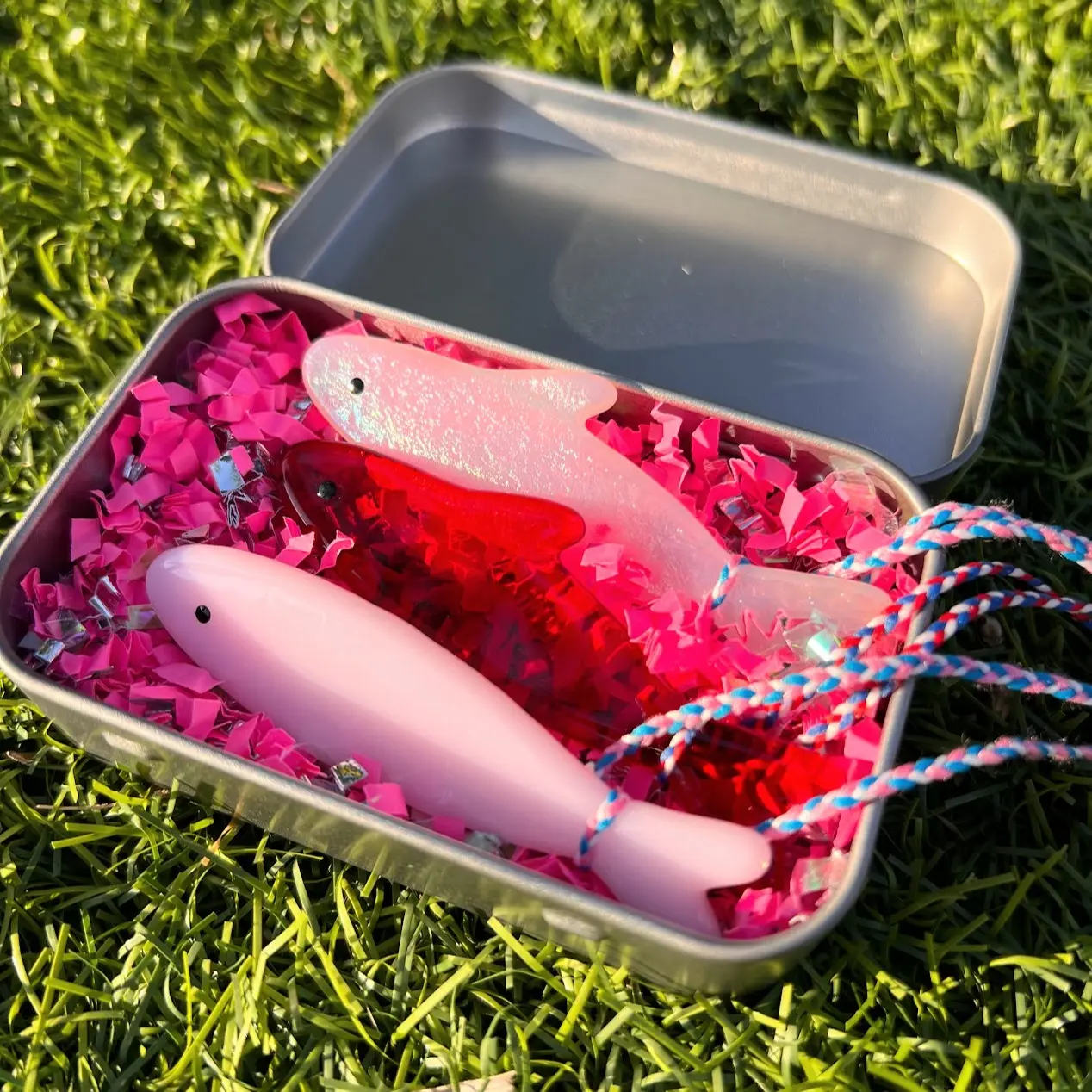 Handmade Stained Glass Valentine's Day Sardine Suncatcher w/Metal Tin! Choose from 1 Single Pearly White, Baby Pink, Ruby Red or the 3-pack! Colorful Decoration for you or to Gift to someone special!