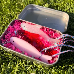 Handmade Stained Glass Valentine's Day Sardine Suncatcher w/Metal Tin! Choose from 1 Single Pearly White, Baby Pink, Ruby Red or the 3-pack! Colorful Decoration for you or to Gift to someone special!