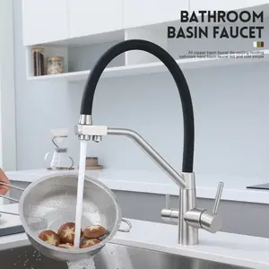 304 Stainless Steel Kitchen Water Purifier Tap, Three-In-One Direct Drinking Faucet, Vegetable Basin Cold Hot Water Tap, Double Handle Faucet