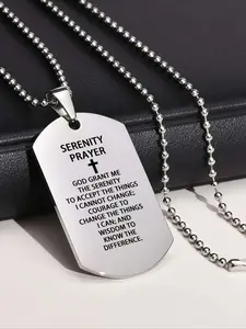 Serenity Prayer Engraved Dog Tag Necklace, Dainty Cross Necklace, Letters Necklace - Suitable for Men and Women Daily Wear, Stainless Steel, Family Birthday Christmas Gifts