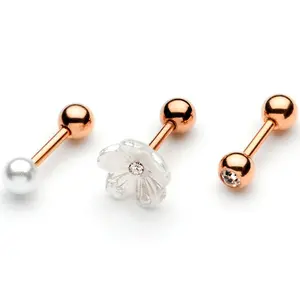 16 Gauge 1/4 Clear Gem Rose Gold Tone Flower Cartilage Tragus Curation Set of 3