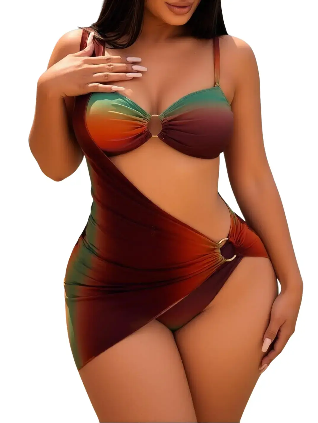 Women's Vintage Gradient O-Ring 3-Piece Bikini Set - Asymmetry Slim Fit Beach Wear, Tummy Control Mesh Wrap Cover-Up Skirt, Bathing Suits for Summer Beach Vacation