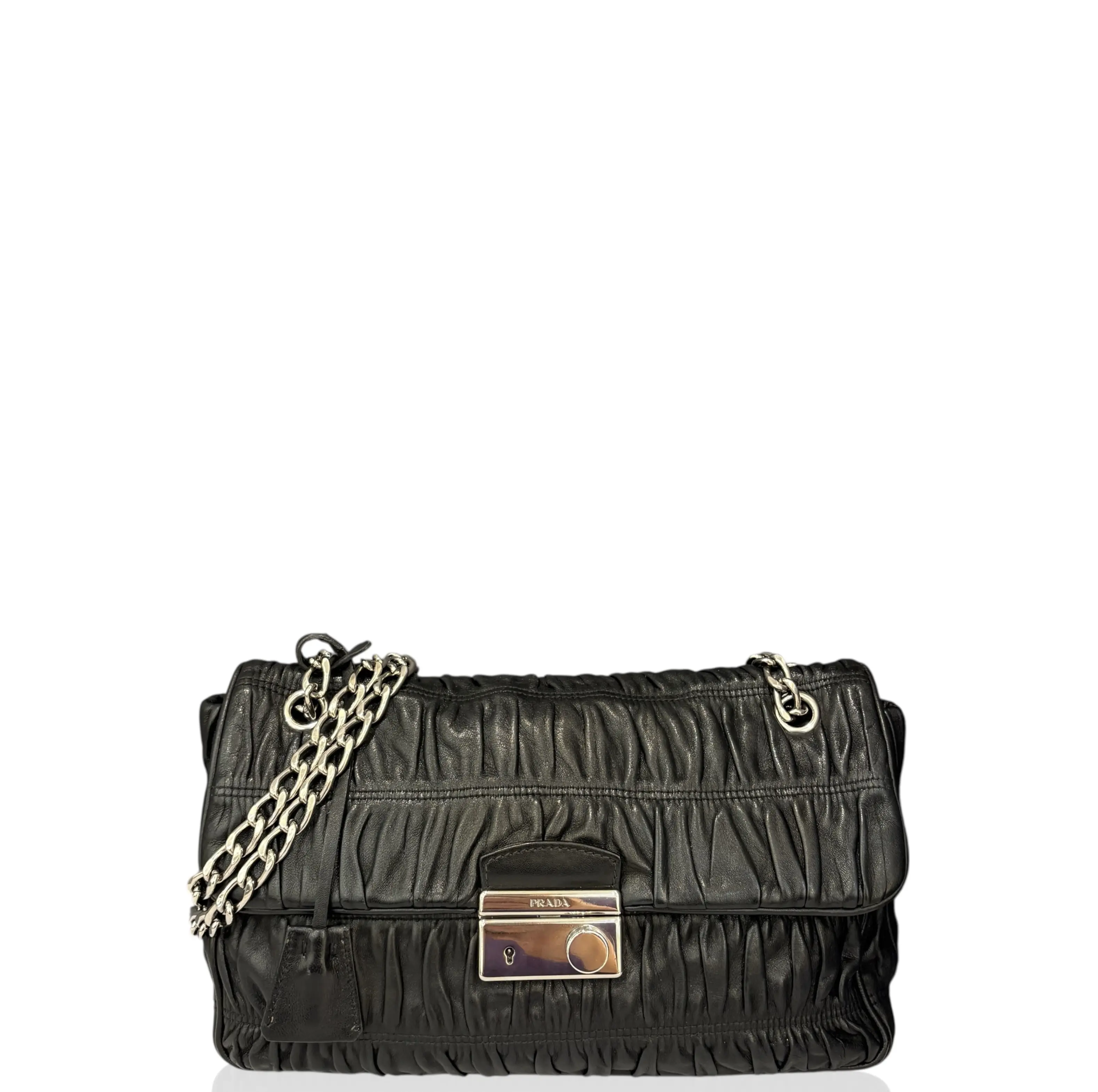 Pre-owned PRADA Leather Shoulder Bags Flap Bag Crumpled Lambskin Black (ym030126c5)