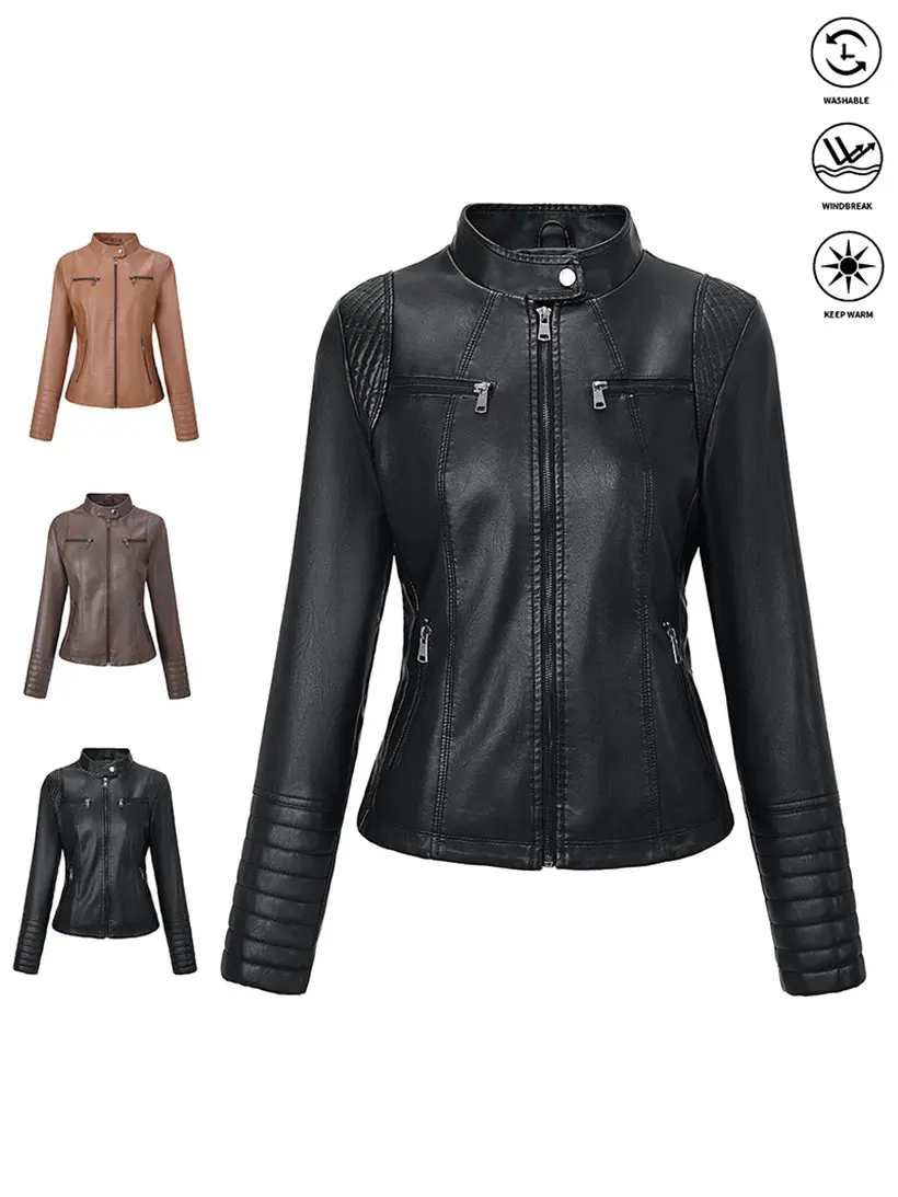 Back-to-School Women’s Long-Sleeve Polyester Faux Leather Symmetrical Motorcycle Jacket - Solid Color, Woven Texture, Faux Leather Trim, Zipper Closure, Casual Fall/Winter Outerwear | Dry-Clean Essential Piece (Fall New Arrival)