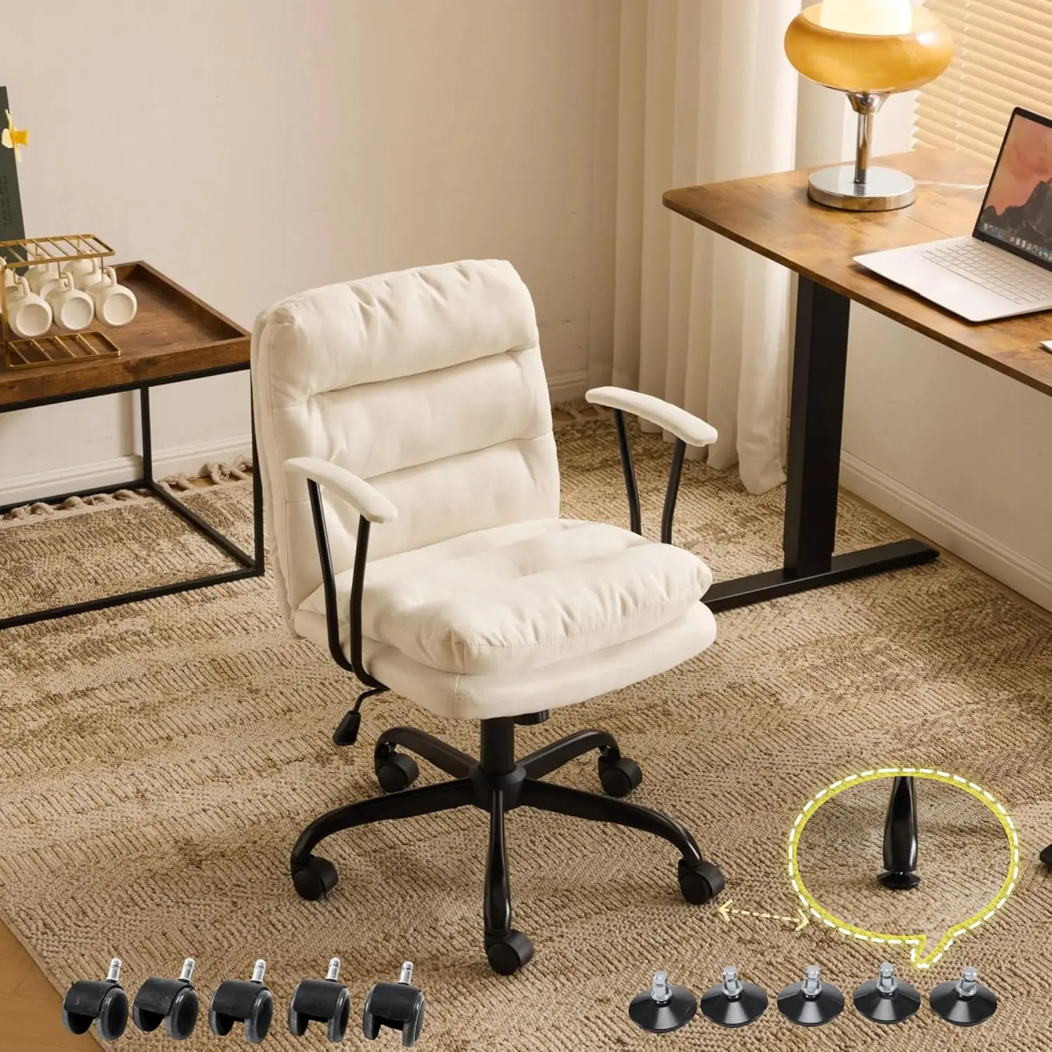 Padded Desk Chair with/No Wheels,Dual-Base,Removable Armrests,Adjustable Comfy Rolling Swivel Computer Task Nail Tech Chair for Home Office,Sewing,Makeup Vanity,Teen,Linen Fabric