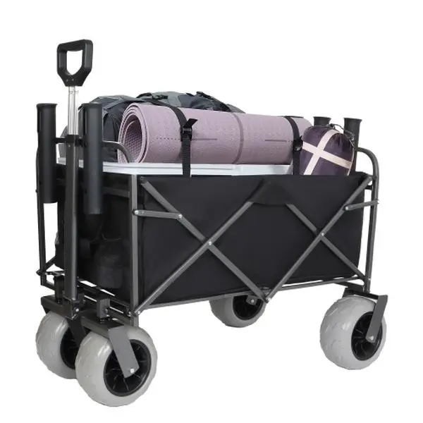 Fishing Cart with Rod Holders,Beach Wagon with Big Wheels for Sand 500lbs Capacity - All Terrain Steel Frame Utility Cart with 9" Pneumatic Tires,Strap with multiuse Bag,Black