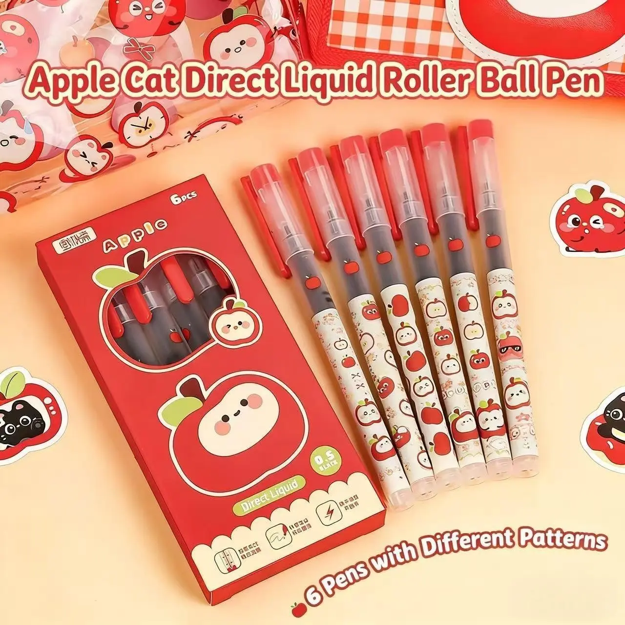 6/12pcs Apple Neutral Pens, Ink, Retractable, 0.5mm Tip, Large Capacity, Quick-Dry, Smooth Writing, Office & School Supplies