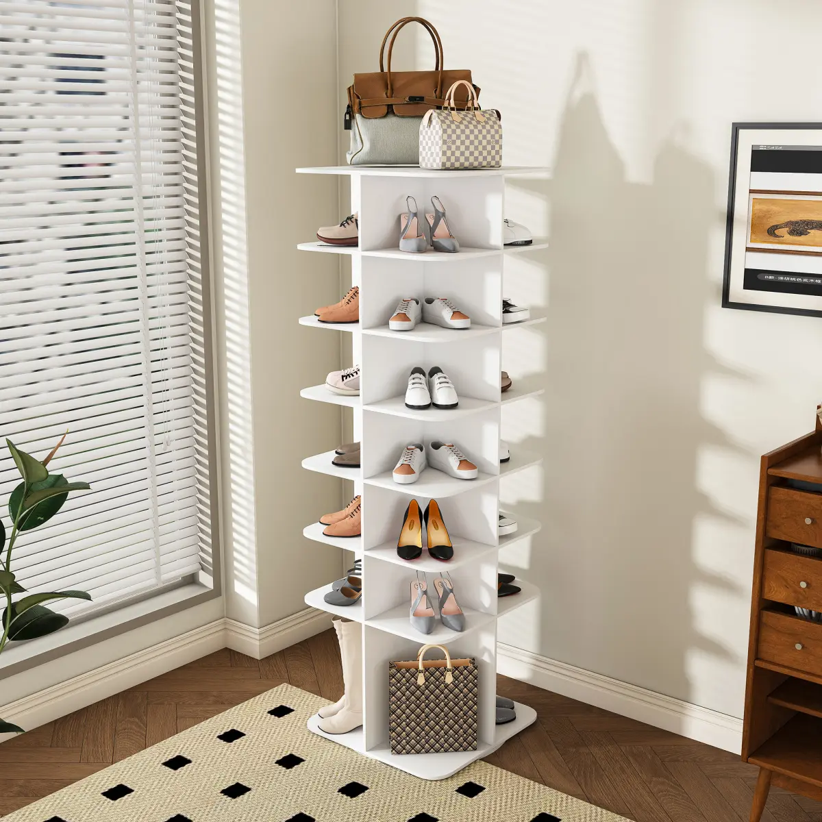 23.7"W*23.7"D*72.5"H 7‑Tier Rotating Lazy Susan Shoe Rack Tower, Solid Board Spinning Shoe Storage Organizer High Bottom Design for Closet Entryway Bedroom