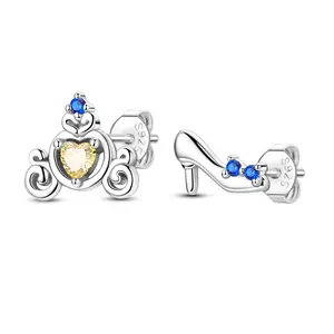MULA 925 Sterling Silver Platinum Plated Pumpkin Carriage and Crystal Slipper Earrings with Zircon - Fairytale Jewelry Gift for Women, Girls Birthday, Anniversary, Valentine's Day and Christmas
