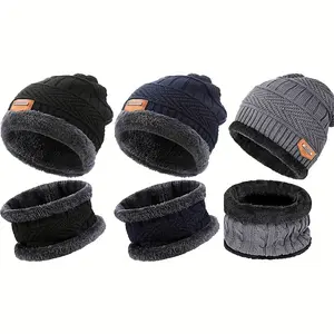Winter Warm Thick Plush Lined Fashion Knitted Skull Cap for Women and Men, Warm Hat and Neck Warmer Set