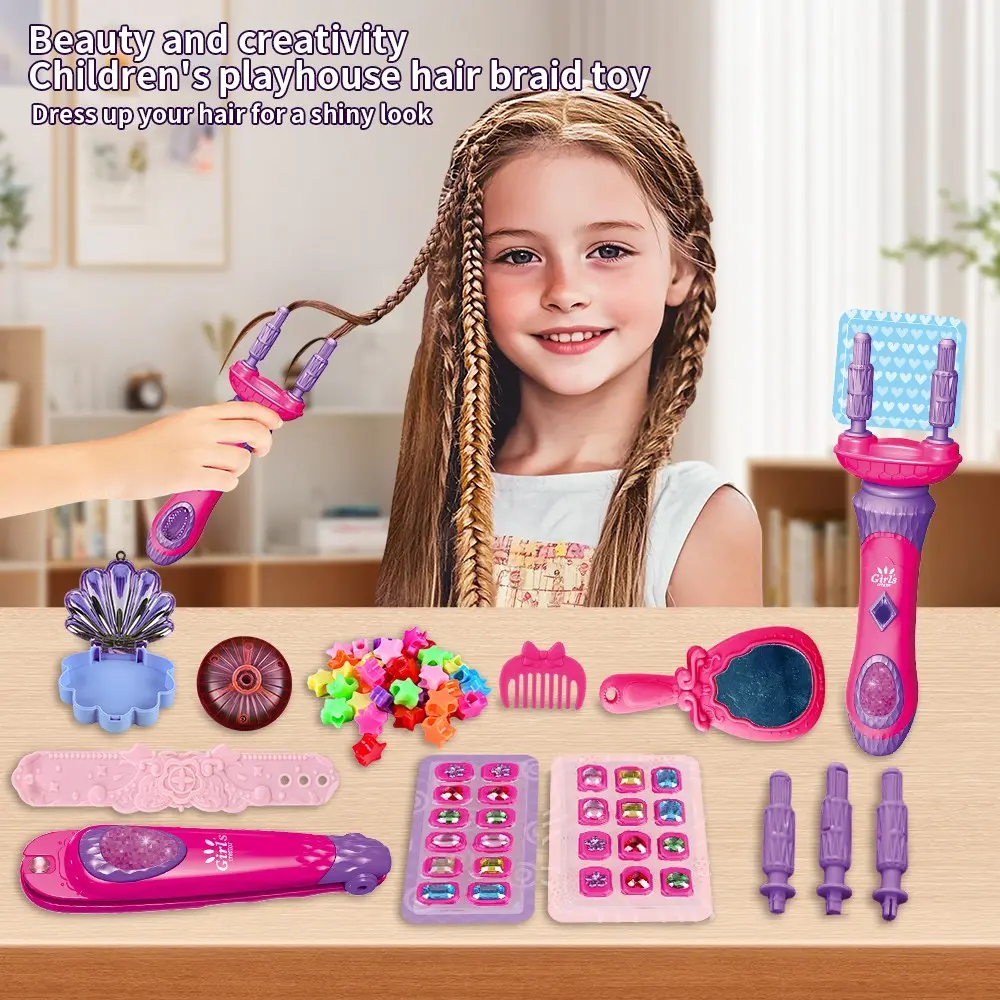 Girls DIY Bead Machine Electric Braiding Hair Machine Set, Pretend Play Toy, Braid Accessories Drill Machine Parent-Child Interaction Beauty Kit, Kid Playset