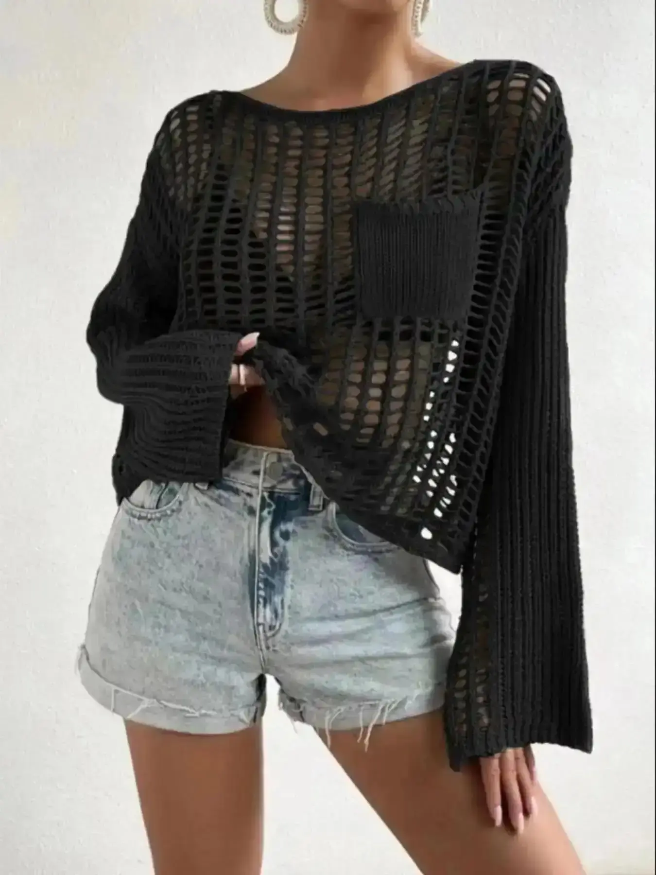 Mohair Fuzzy Sweater, Model Women's Solid Pocket Hollow Out Round Neck Sweater, Casual Drop Shoulder Long Sleeve Jumper for Spring & Fall, Summer Outfits 2026, Knitwear Daily Wear, Effortless Style, , Hoodie Fit