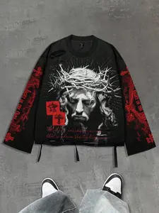 Ripped Print Long Sleeve T-Shirt Men's Retro Street Style Jesus Graphic T-Shirt Unisex Flared Sleeve Saint Long Sleeve Round Neck Geometric Men's T-Shirt Spring Autumn American Retro Aesthetic