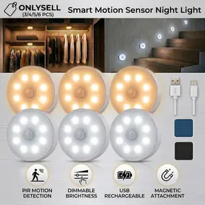 3/4/5/6pcs Smart Motion Sensor Night Light Indoor, 8 LEDs Wireless Sensor Light, Durable Material USB Rechargeable Sticky Magnetic Night Light, 3 Lighting Modes & Adjustable Brightness, Suitable for Wardrobe, Stair, Closet and Hallway