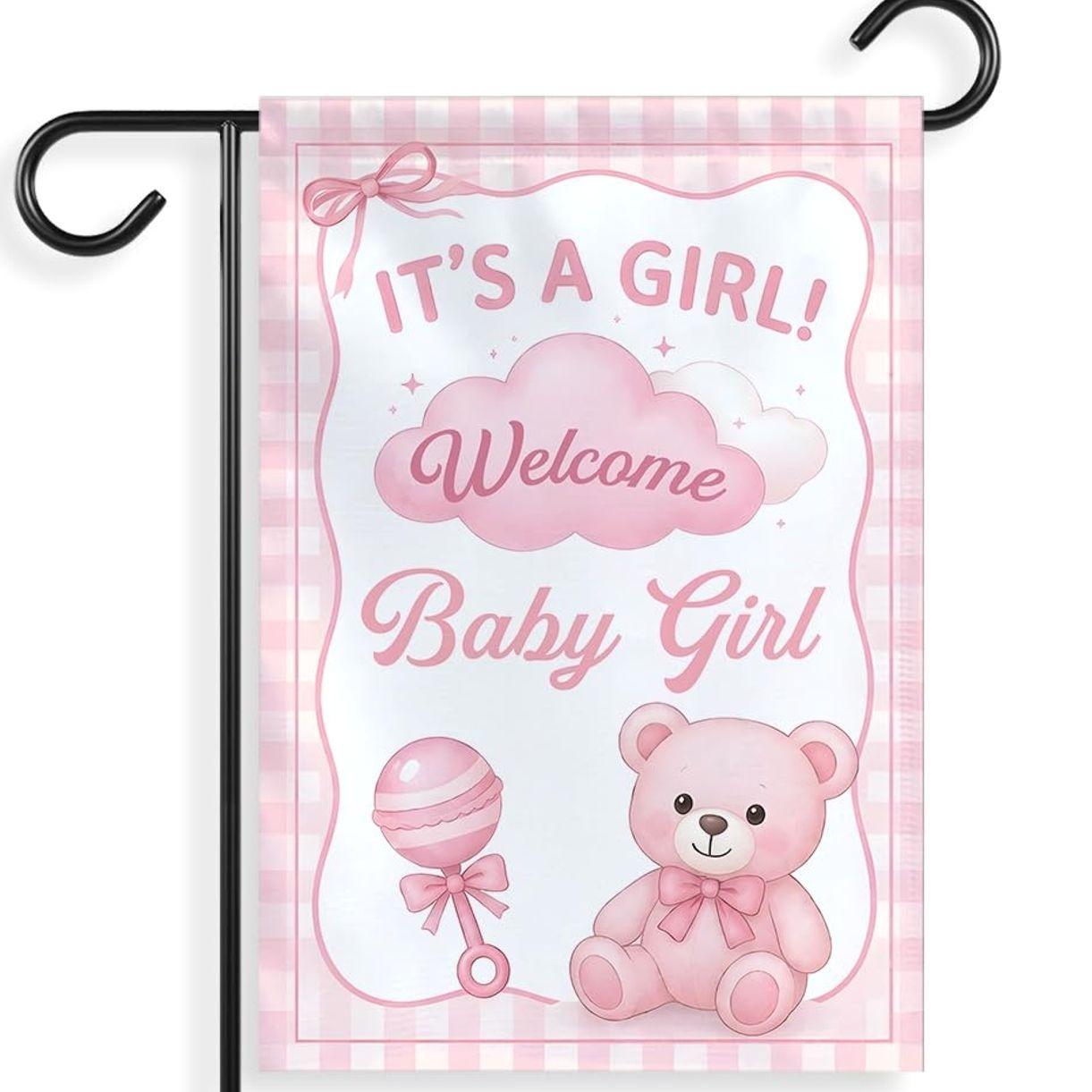 Welcome Baby Girl Garden Flag, Baby Shower & Gender Reveal Announcement, Newborn Home Yard Decoration.