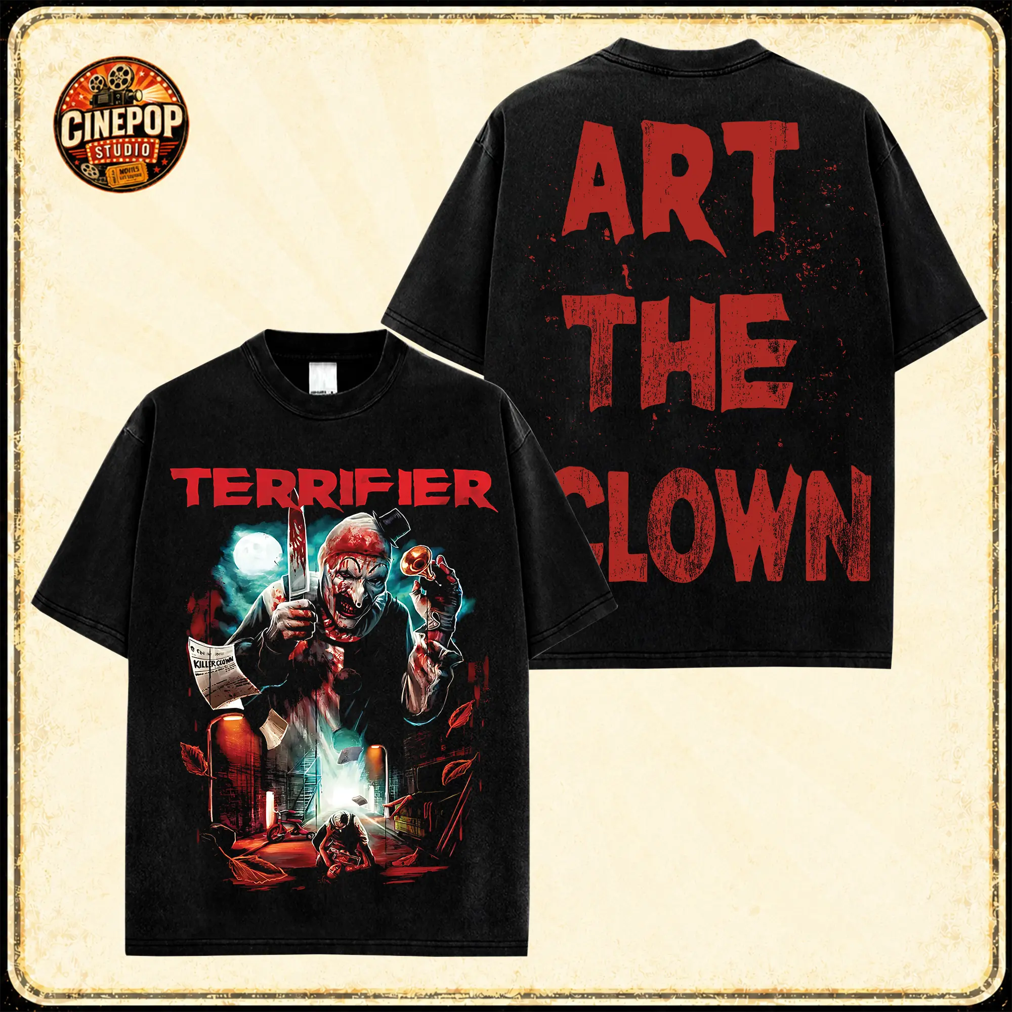Terrifier Classic Horror Shirt, Art the Clown Movie Graphic T-Shirt, Vintage Bloody Slasher Tee, Made in USA, 100% Cotton, Spooky Killer Clown Cinema Gift for Horror Fans Men Women and Collectors