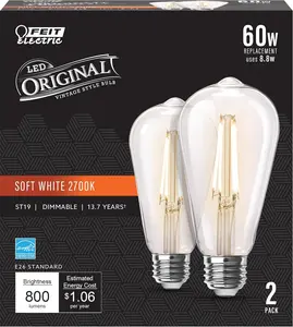 ST19 Vintage Edison LED Light Bulb, 60W Equivalent, Dimmable, 2700K Soft White, 800 Lumens, E26 Base, Retro Filament Light Bulbs, 15,000-Hour Lifetime, ST1960/CL/927CA/2, 2 Pack