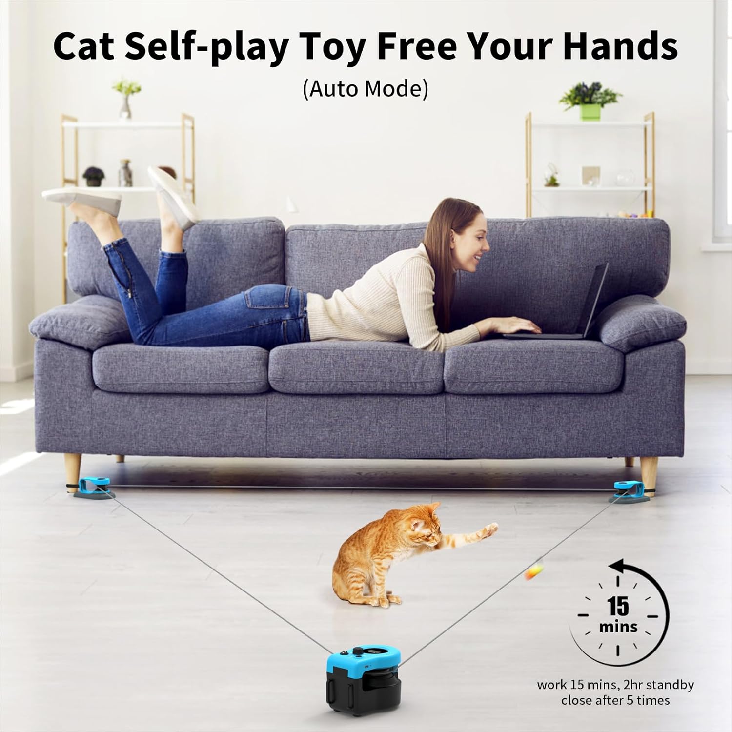 AsFrost Automatic Hands-Free Cat Teaser - Interactive Indoor Cat Toy with Remote/Auto Function, Feather, DIY String & Moving Mouse Hunting Features for Bored Kittens usb-c rechargeable