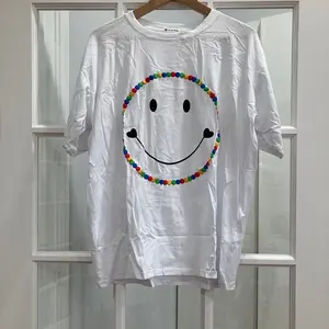 Soft White Cotton Graphic Smiley Face T-Shirt - Long Sleeve Top for Women - Womenswear Summer Streetwear Comfort Casual
