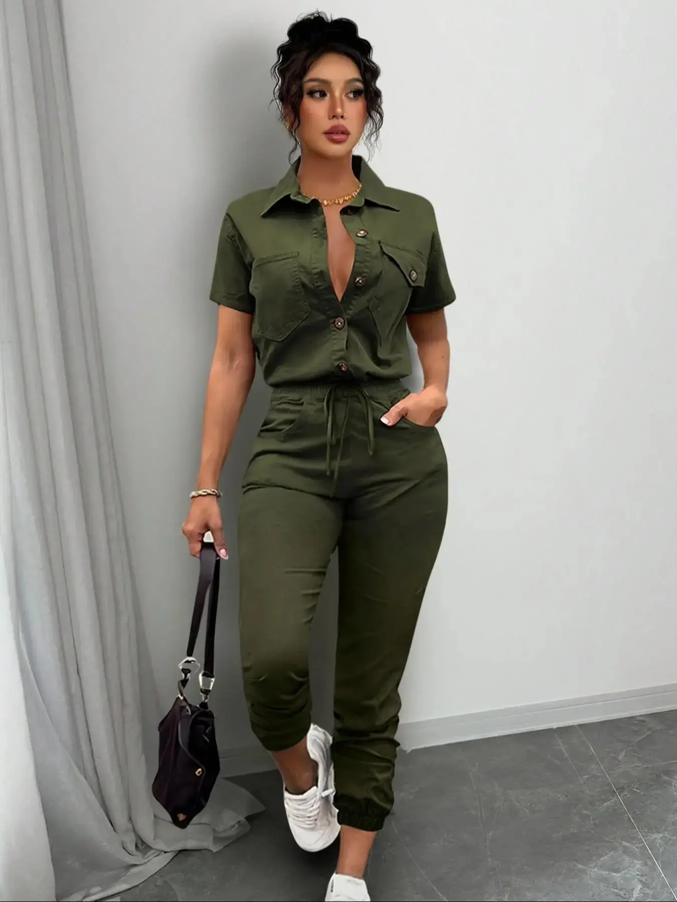 Women's New Spring Summer Casual Vintage Utility Overalls Waist Cinched Slim Fit Jumpsuit Sleeves, Stylish All-In-One for Daily Wear
