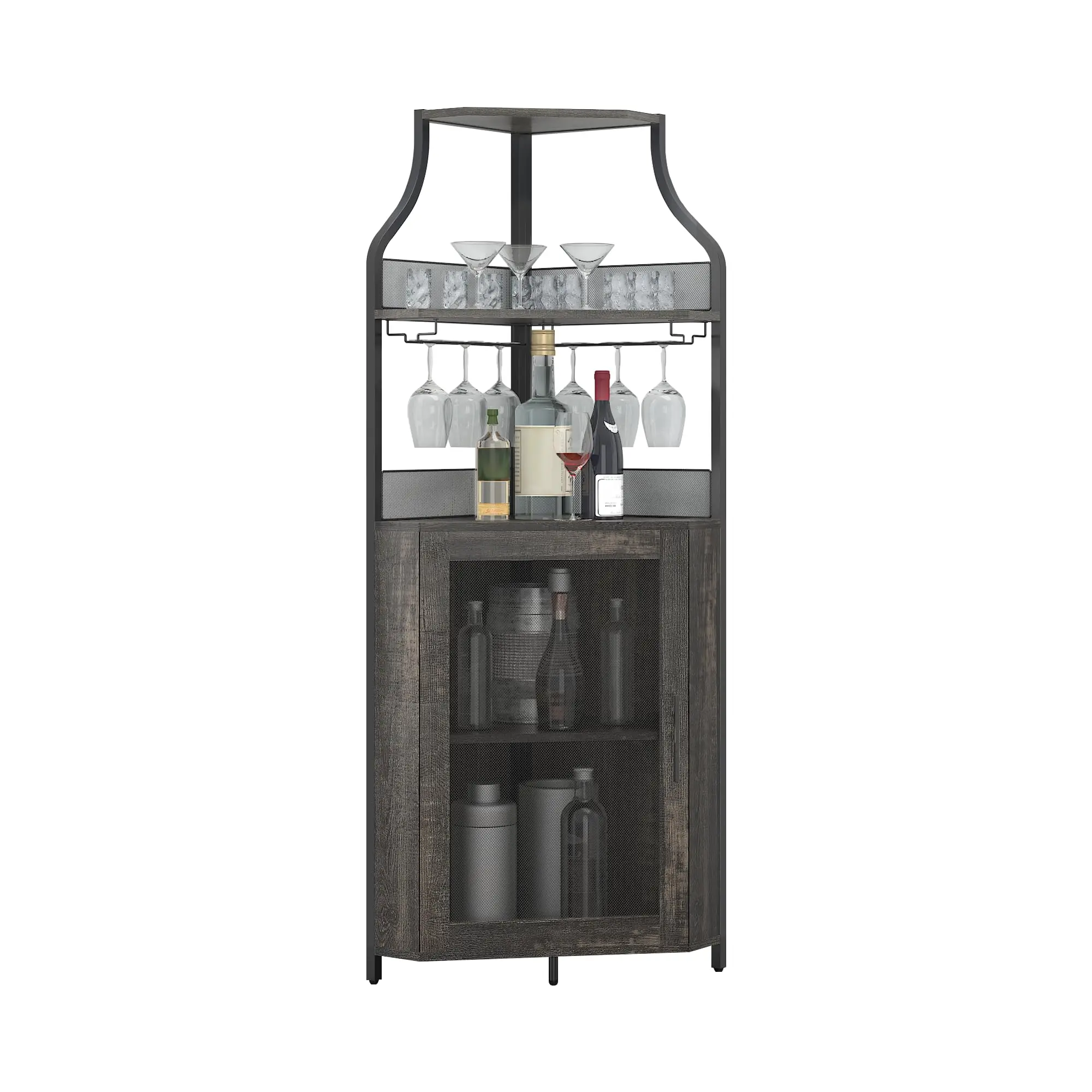 Garvee Corner Wine Cabinet, Industrial 5-Tier Bar Furniture with Wine Rack and Glass Holder, Wine Shelf with Mesh Door for Living Room, Bar, Dining Room, Kitchen, Dark Gray