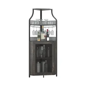 Garvee Corner Wine Cabinet, Industrial 5-Tier Bar Furniture with Wine Rack and Glass Holder, Wine Shelf with Mesh Door for Living Room, Bar, Dining Room, Kitchen, Dark Gray