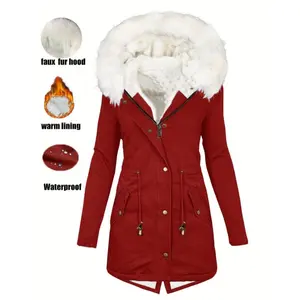 Drawstring Waist Fleece Hooded Jacket, Casual Zip Warm Winter Jacket With Pockets, Women's Clothing