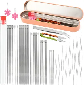 58 Pcs Beading Needles Set,50 Pcs Long Straight Beading Thread Needles, 8 Pcs Big Eye Beading Needles with Threader, Needle Bottle, Yarn Scissors,Tweezers for Bracelets and Jewelry Making
