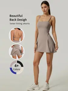 Pure Color Strapless Tennis Dress, Large U Back Outdoor Sports Skirt, Sweat-Wicking Quick-Dry with Safety Pants, Sporty Above Knee Short Dress, Tennis Athletic Dress