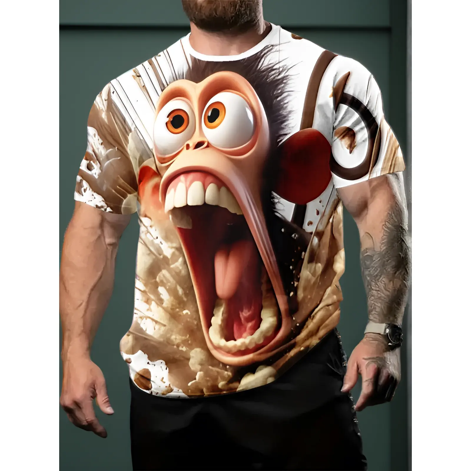 Men's Plus Size Monkey Graphic T-Shirt, Casual Short Sleeve Crewneck in Stretch Polyester for Summer Outdoor Wear, Shortsleeve, Tshirt, Fabric, Knit, Casual Fit, Regular Fit, All Over Print