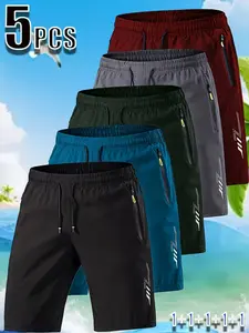 Men's Quick-Dry Breathable Running Training Shorts 5-Pack, Lightweight Ice Silk Fabric, Casual Summer Beach Outdoor Sports Wear, Zipper Pockets