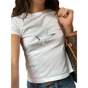 [Sale Up To 30%] Star Baby Tee, Womens Fitted Tshirts, Vintage Shiny Star Tee, Retro Style Cropped Shirt, Y2K Clothing, Trendy, Graphic Print Baby Shirt,