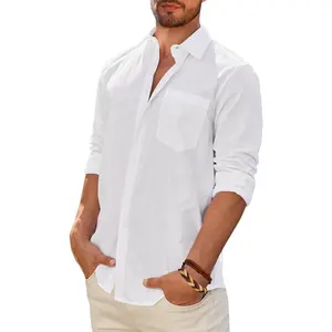 Mens Linen Shirt Long Sleeve Casual Cotton Solid Regular Fit Wedding Summer Beach Button Down Shirt