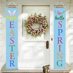 Set of 2 Easter Porch Door Hanging Banners, Easter Outdoor Indoor Decor Happy Easter & Hello Spring Yard Signs Decoration