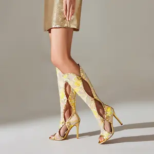 FEINLINA Women's Sequin Embellished Knee-High Boots with Open Toe and Stiletto Heel Multicolor Synthetic Upper for Parties and Celebrations Pull On Style boots for women