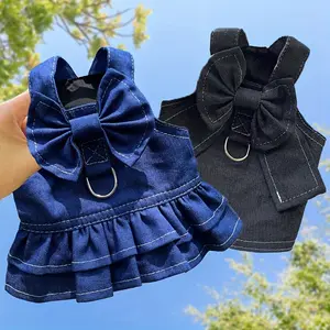 Adorable Denim Dog & Cat Dress with Bow - Comfortable Knit Pet Skirt for Small Breeds, Easy-Pull Leash Attachment, Perfect for Walking - Blue & Black Options