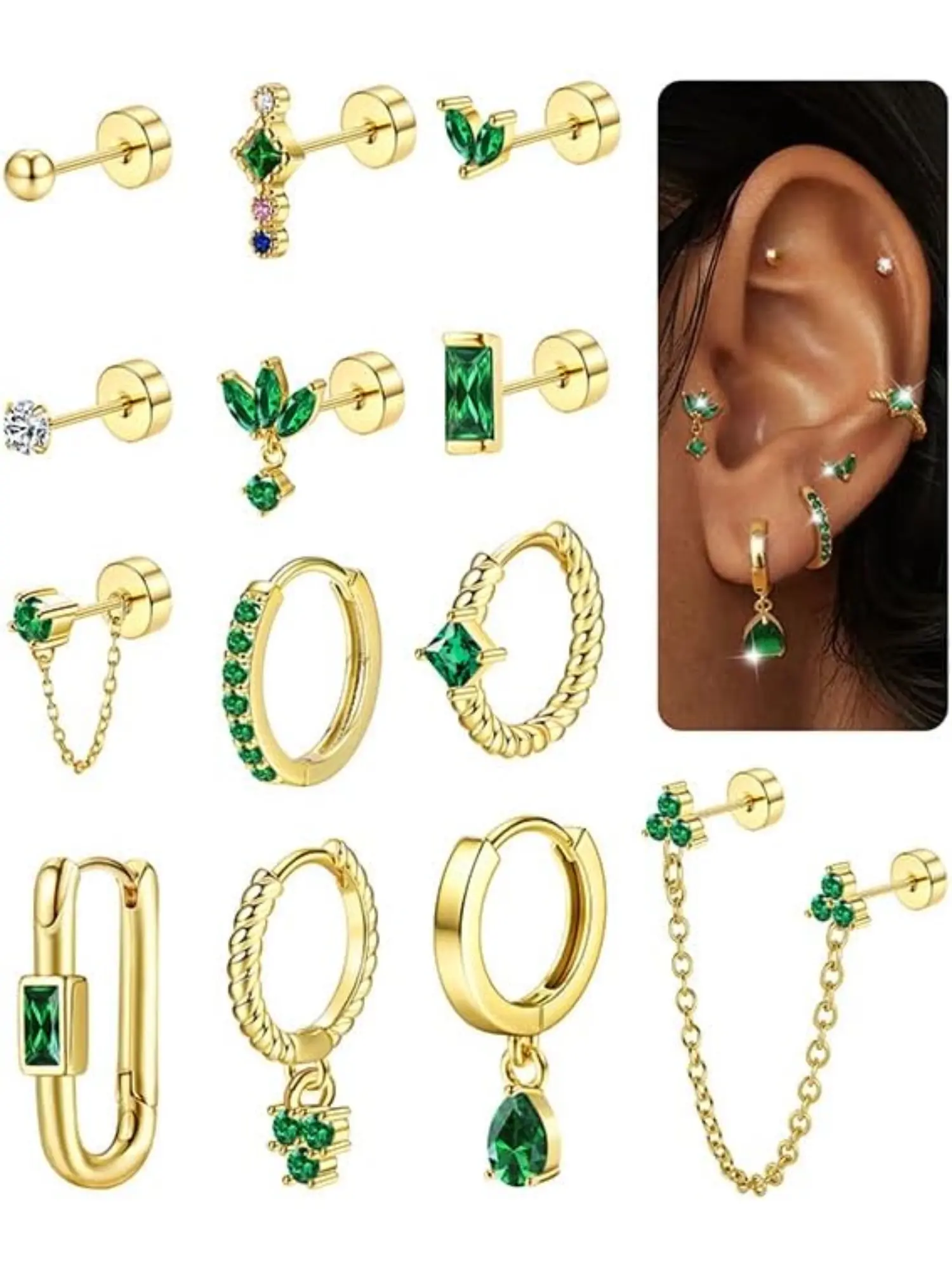 13 Pcs Studs Earrings Small Gold Hoop Earrings Earring Stacking Set for Women Flat Back Earring Hypoallergenic Cartilage Earring Lightweight Dainty 14K Gold Stud Earrings for Multiple Piercing Set Stud Earrings Jewelry