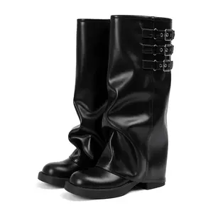 EROCALL Women's Goth Platform Riding Boots Pull On Buckle Boots Fold Over Tall Knee High Boots  Slouchy Fold Over Motorcycle Riding Boots With Buckle Women's Wide Mid Calf Casual Comfortable Moto Biker Boots