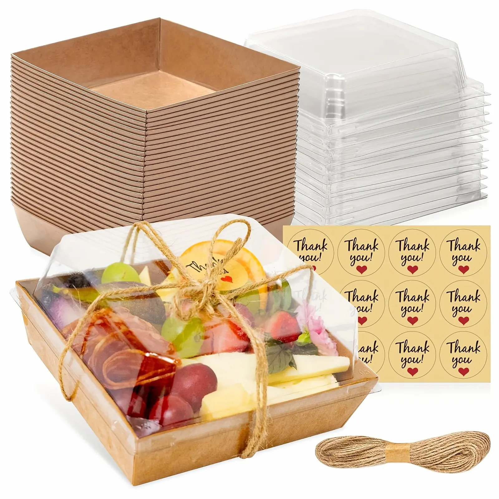 50 Pack Small Charcuterie Boxes with Clear Lids, to Go Paper Mini Charcuterie Box, Disposable Food Containers, 5Inch Dessert Boxes, Sandwich, Cookie, Sushi, Cake Slice, Strawberrie