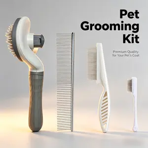 4PCS Pet Grooming Kit, Self-Cleaning Slicker Brush, Dual-Sided Dematting Comb, Flea & Tick Comb, Tear Stain Comb for Dogs & Cats, Shedding, Detangling, Massage, Grooming Tools for Long/Short Hair Dogs Cats Pets
