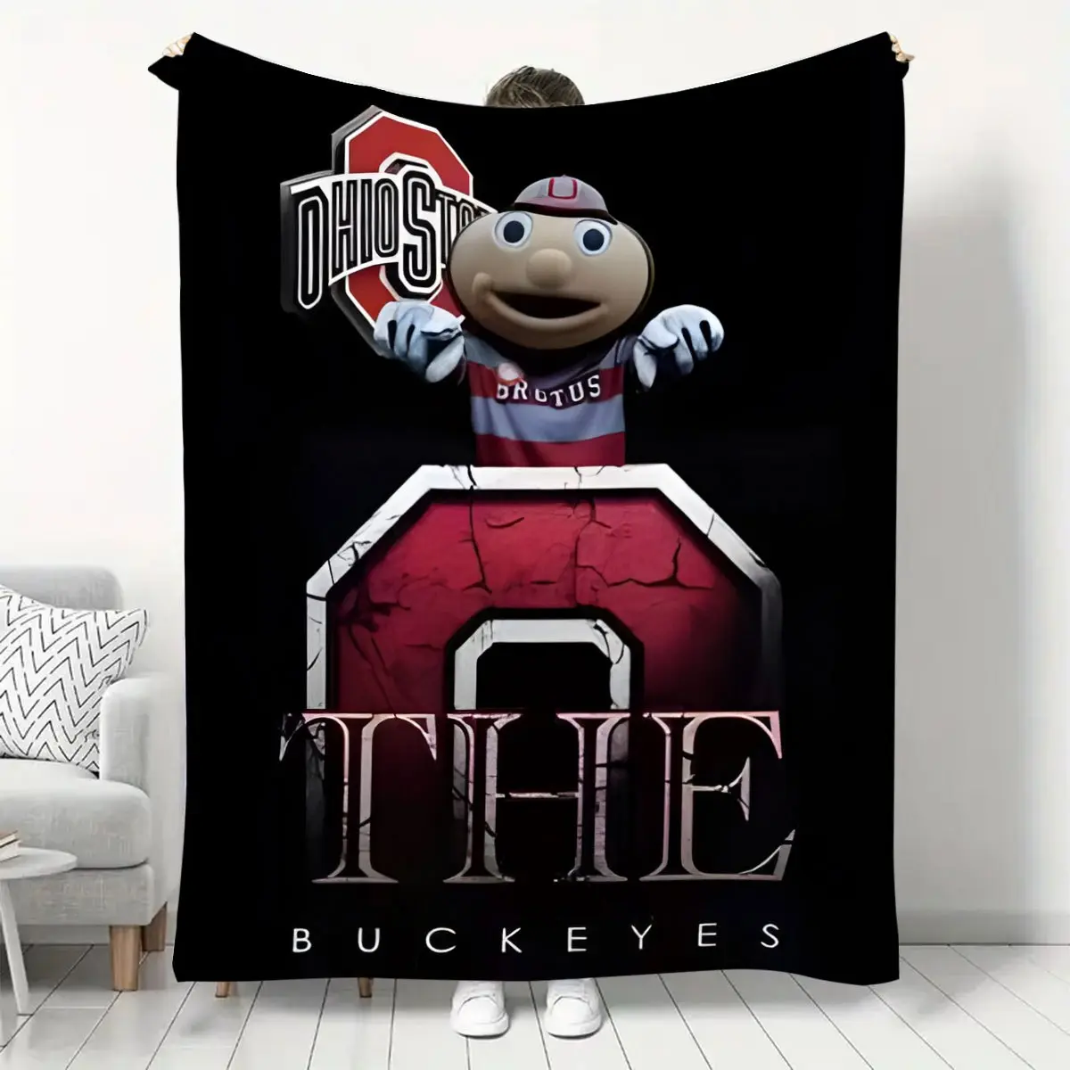 Ohio State Buckeyes Retro Vintage Mascot Print Polyester Flannel Blanket - 280GSM, Soft, Fade & Wrinkle Resistant, All Seasons Home Room House Decor, College Football Graphic Blankets for Bed & Sofa, Black with Red Accents Fan Merchandise