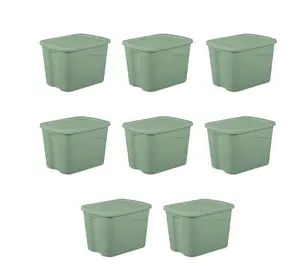 Large Storage Bin, 18 Gallon Plastic Storage Container with Snap-On Lid, Green, 8 Pack