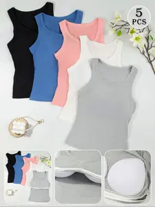 5 Pcs Women's Crew Neck Ribbed Casual Tank Tops With Padded Cups, Wide Strap Slim Waist Shaping Tops, Breathable Skin Friendly High Elastic Comfort Vests For Inner & Outer Daily Commute Wear